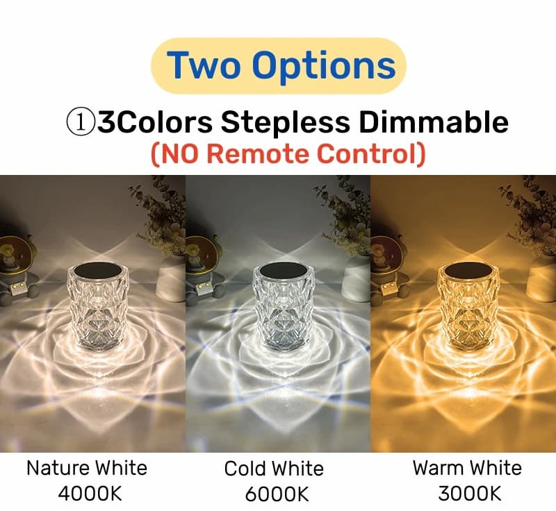 Crystal Diamond Lamp, 3 Color Changing Rose Crystal Diamond Table Lamp
